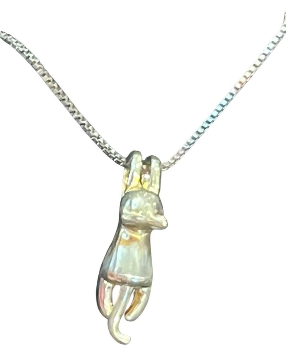 Sterling Silver Hanging On Cat Kitten Kitty Pendant Necklace 925 3.51 Grams